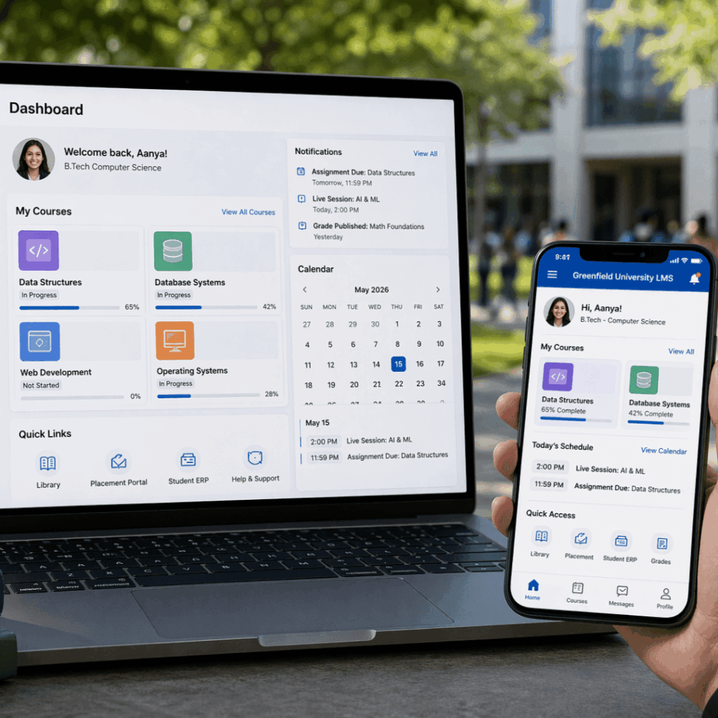 Advanced learning management system (LMS) dashboard for universities showing student courses, progress tracking, notifications, and mobile app integration for digital education platforms