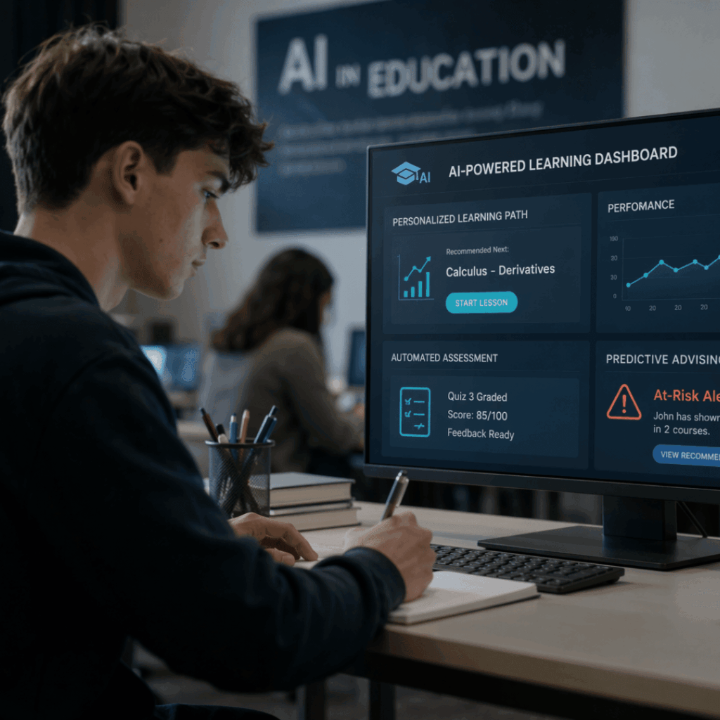 Artificial intelligence in education showing AI-powered learning dashboard with personalized learning path, automated assessment, performance analytics, and predictive student advising system